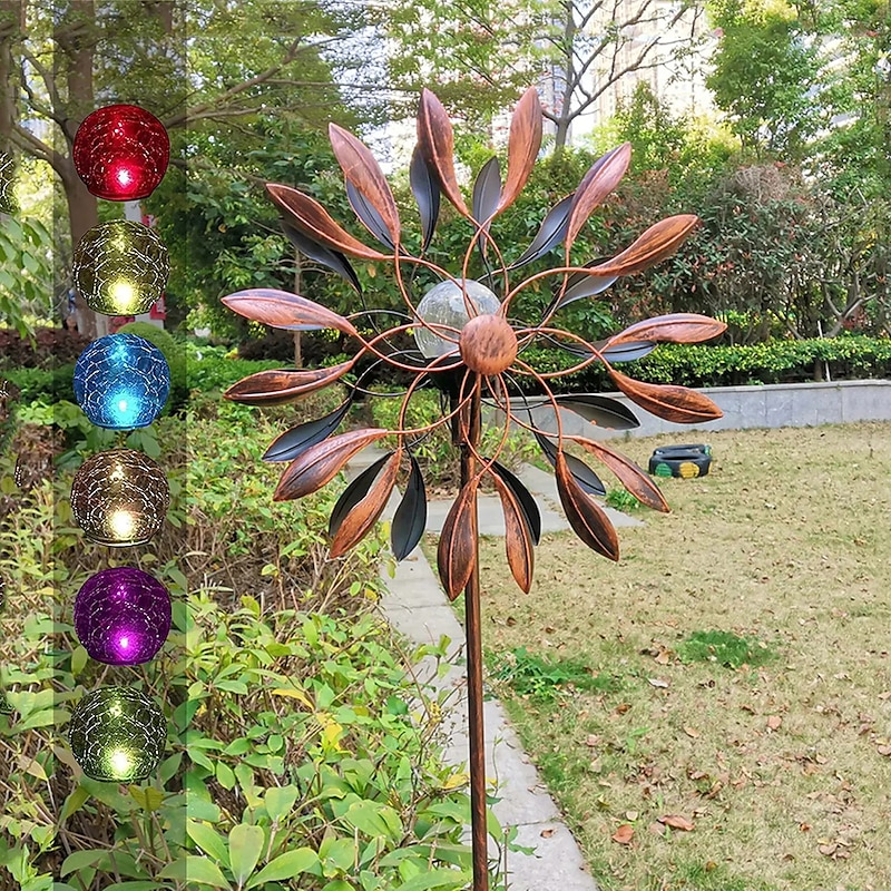 Garden Sunflower Solar LED Lights Glass Ball Bronze Iron Double-Sided Rotating Ornaments Windmill Yard Outdoor Decor