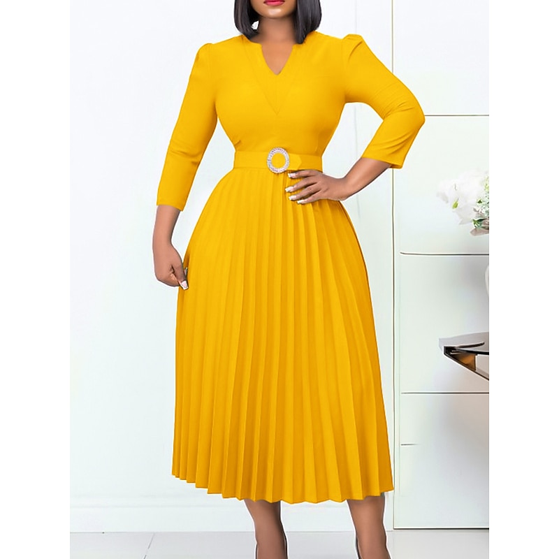 Women's Work Dress Casual Dress A Line Dress Fashion Daily Midi Dress Ruched Patchwork V Neck Long Sleeve Plain Regular Fit Yellow Red Blue Fall Winter S M L XL XXL4