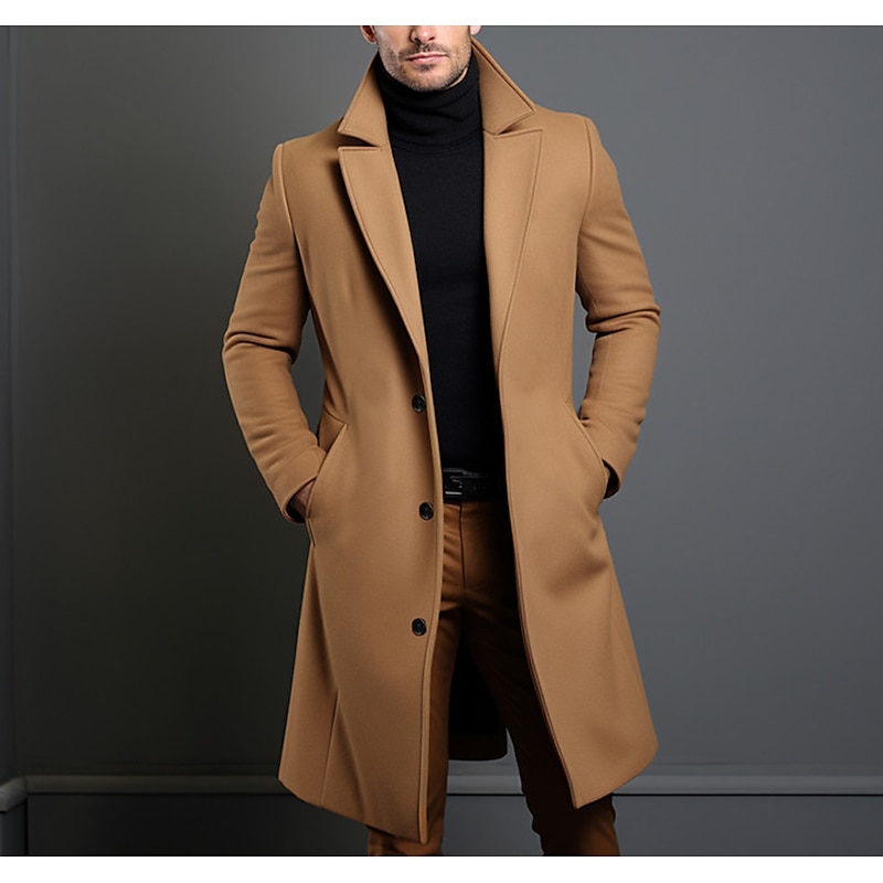 Men's Winter Coat Overcoat Long Trench Coat Outdoor Daily Wear Fall & Winter Outerwear Clothing Apparel Fashion Streetwear Plain Lapel Single Breasted