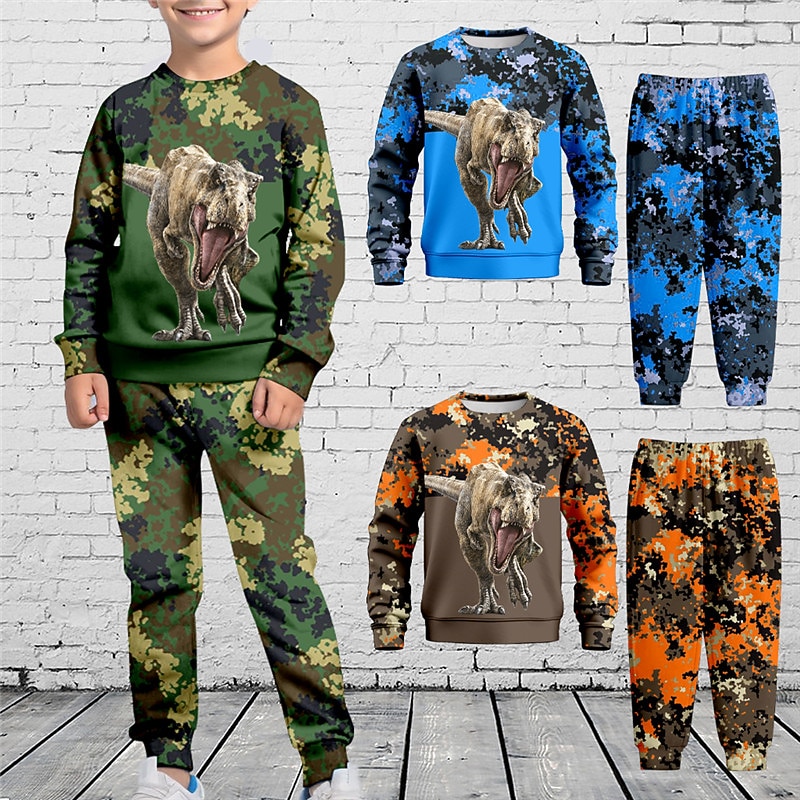 Boys 3D Dinosaur Camo Sweatshirt & Sweatpants Set Set Long Sleeve 3D Printing Fall Winter Active Fashion Cool Kids 3-12 Years Crew Neck Outdoor Vacation Street Regular Fit