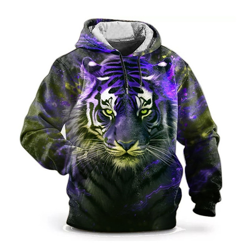 Men's Graphic Animal Tiger Hoodie Hoodies Sweatshirt Fashion Daily Long Sleeve Hooded Vacation Sports Outdoor Holiday Red Blue Print Front Pocket Spring &  Fall Designer2