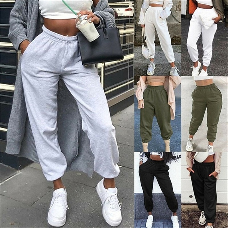 Women's Sweatpants Joggers Fashion Streetwear Casual Full Length High Waist Solid Color Pocket Elastic Waist Comfort Breathability Soft Micro-elastic Vacation Street Sport Black thin section Gray