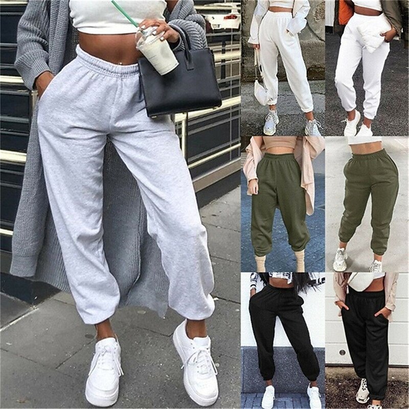 Girls Plain Sweatpants With Pocket Elastic High Waist Lightweight