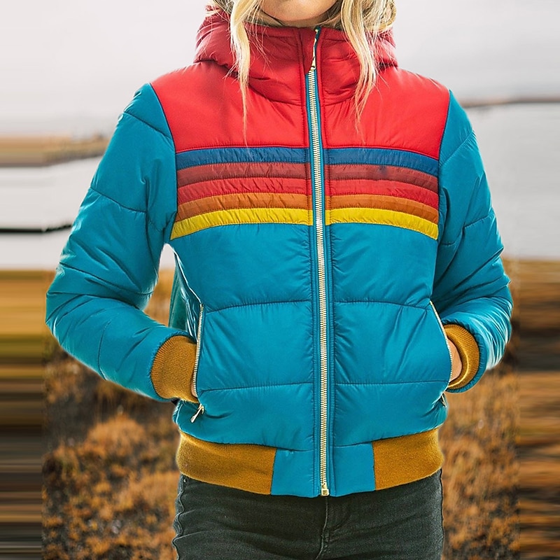 Women's Parka Outdoor Street Daily Fall Winter Regular Coat Regular Fit Windproof Warm Comtemporary Stylish Casual Jacket Long Sleeve Color Block Stripes with Pockets Full Zip Lake blue Black Dark