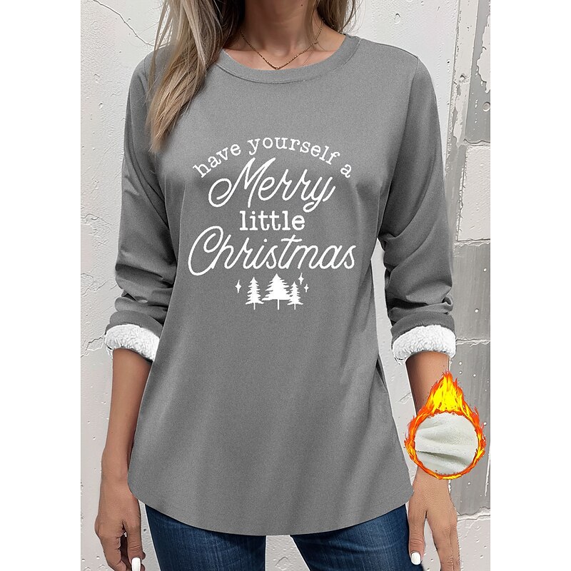 Women's Fleece Lined Pullover Sweatshirt Pajamas Christmas Tree Letter Warm Fuzzy Long Sleeve Round Neck Crewneck Long Tops Christmas Casual Black Red Gray Fall & Winter3