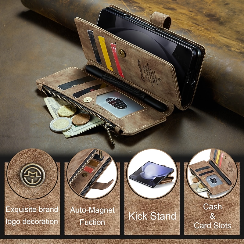 Phone Case For Samsung Galaxy Z Fold 5 Z Fold 4 Z Fold 3 Wallet Case with Stand Holder Zipper Leather Retro TPU PU Leather2