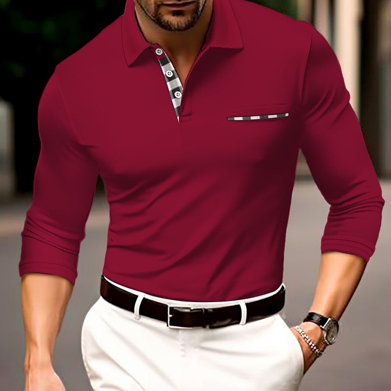 Men's Golf Shirt Polo Casual Sports Lapel Long Sleeve Fashion Basic Color Block Button Front Pocket Spring &  Fall Regular Fit Wine Black Dark Green Orange Brown Gray Golf Shirt3
