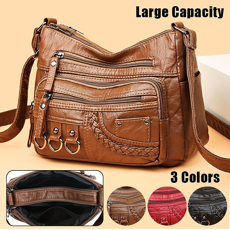 Women's Vintage Faux Leather Crossbody Bag with Multiple Zipper Pockets – Casual Shoulder Handbag for Everyday Use