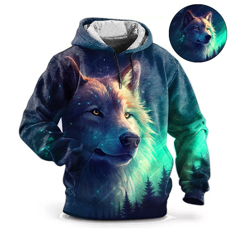 Men's Graphic Animal Wolf Hoodie Hoodies Sweatshirt Fashion Daily Long Sleeve Hooded Vacation Sports Outdoor Holiday Blue Purple Print Front Pocket Spring &  Fall Designer