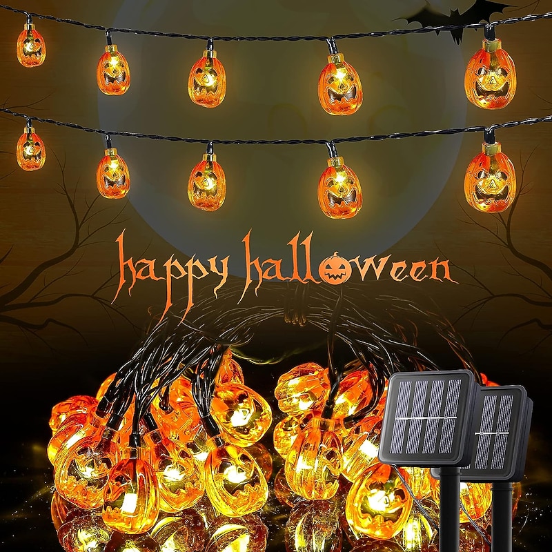 Halloween String Lights Solar Powered Pumpkin Lights 5m 20LEDs Outdoor Waterproof Halloween Mini Jack O Lantern Party Garden Balcony Tree Decoration Hanging Lights 1/2pcs