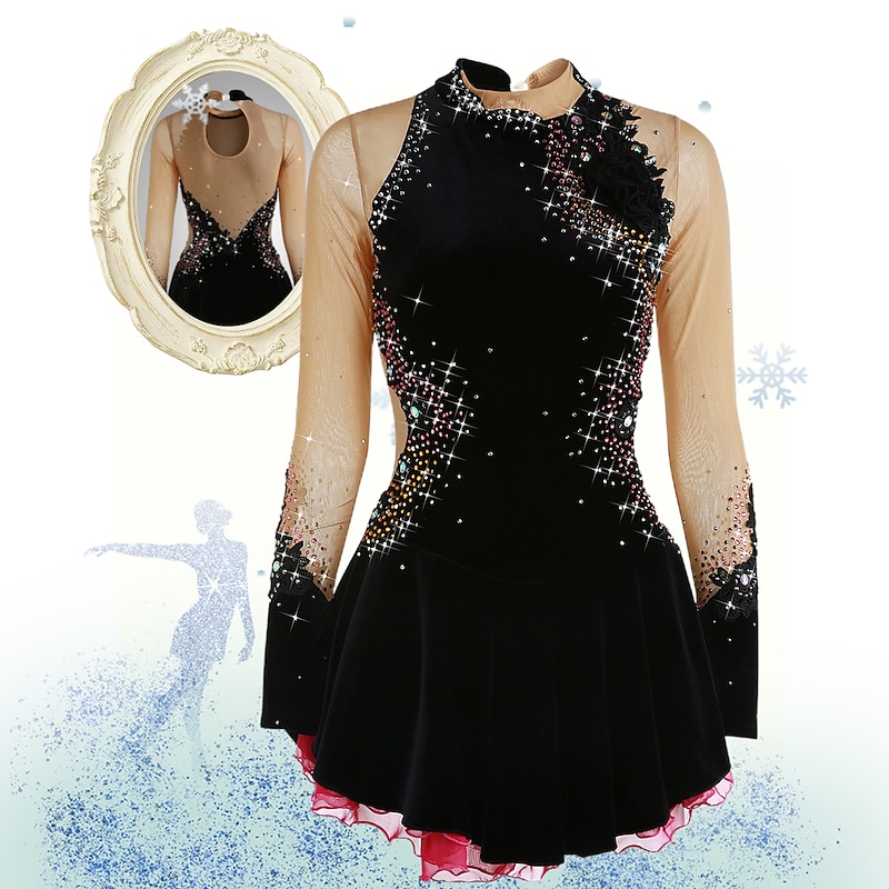 Figure Skating Dress Women's Girls' Ice Skating Dress Black White Dark Purple Open Back Mesh Spandex Velvet High Elasticity Competition Skating Wear Thermal Warm Jeweled Rhinestone Long Sleeve Ice