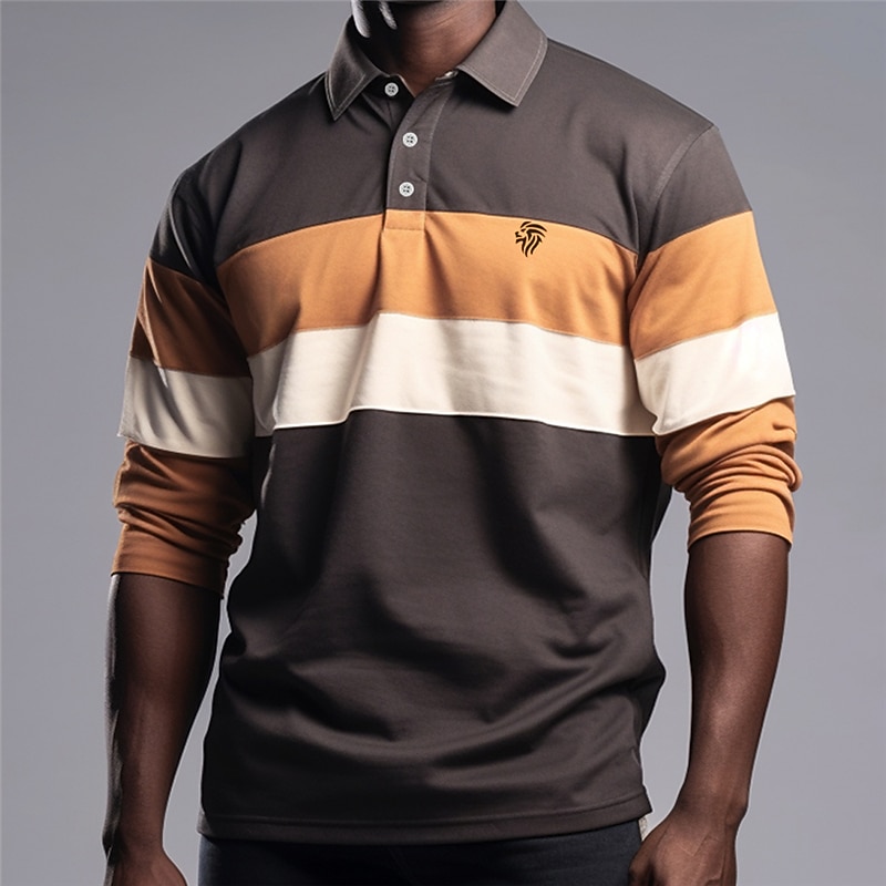 Men's Stripe Rugby Polo Golf Polos Shirts Long Sleeve Polo Shirts Turndown Casual Outdoor Casual Daily Streetwear 3D Print Fall & Winter Yellow Brown