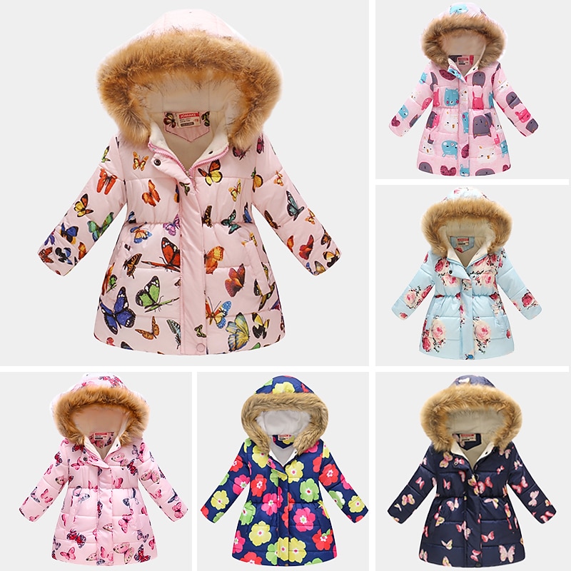 Kids Girls' Down Coat Graphic Active School Coat Outerwear 2-9 Years Spring 3002-10 Leopard Print 3002-34 blue flowers 3002-32 navy blue floral