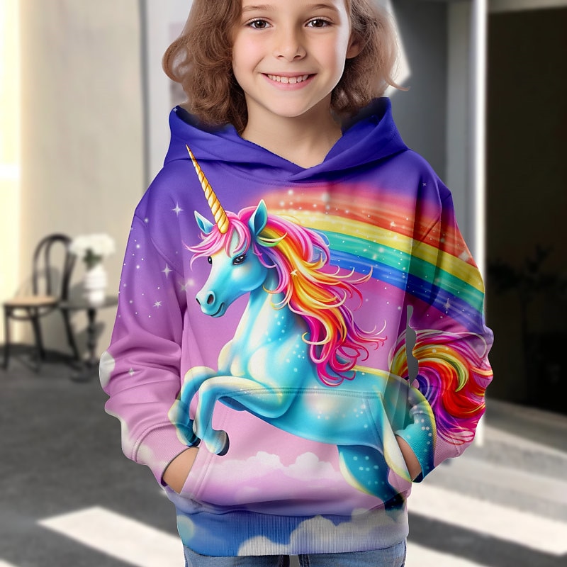 Girls' 3D Animal Unicorn Hoodie Long Sleeve 3D Print Spring Fall Winter Fashion Streetwear Adorable Kids 3-12 Years Outdoor Daily Indoor Regular Fit4