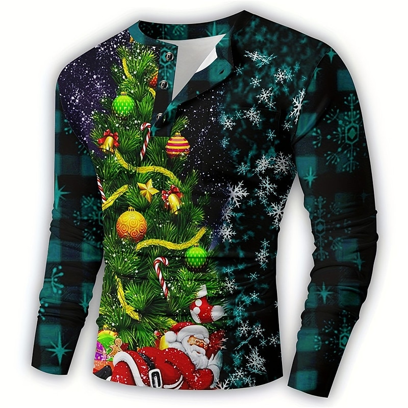 Christmas Men's Christmas tree Henley T Shirt Plaid Santa Claus Tree Fashion Daily Casual 3D Print Henley Casual Holiday Going out Blue Red & White Dark Blue Long Sleeve Henley Spring &  Fall3