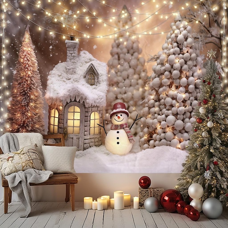 Christmas Decorations Hanging Tapestry Snowman Snow Winter Wonderland Wall Art Xmas Large Tapestry Mural Decor Photograph Backdrop Blanket Curtain Home Bedroom Living Room Decoration3