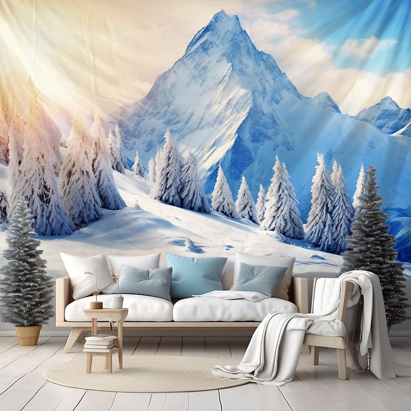 Hanging Tapestry Winter Wonderland Snow Forest Wall Art Large Tapestry Mural Decor Photograph Backdrop Blanket Curtain Home Bedroom Living Room Decoration2