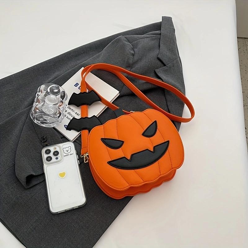 Halloween Pumpkin Crossbody Bag – 3D Jack-O'-Lantern Shoulder Purse with Bat Detail for Women and Kids, Trick-or-Treat Party Accessory3