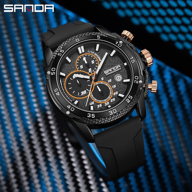 SANDA Men Quartz Watch Fashion Casual Business Wristwatch Luminous Calendar Waterproof Decoration Silicone Gel Watch3