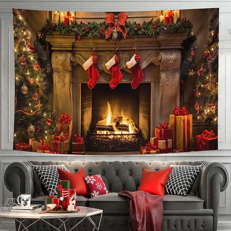 Christmas Decorations Hanging Tapestry Christmas Stockings Xmas Fireplace Wall Art Large Tapestry Mural Decor Photograph Backdrop Blanket Curtain Home Bedroom Living Room Decoration 20