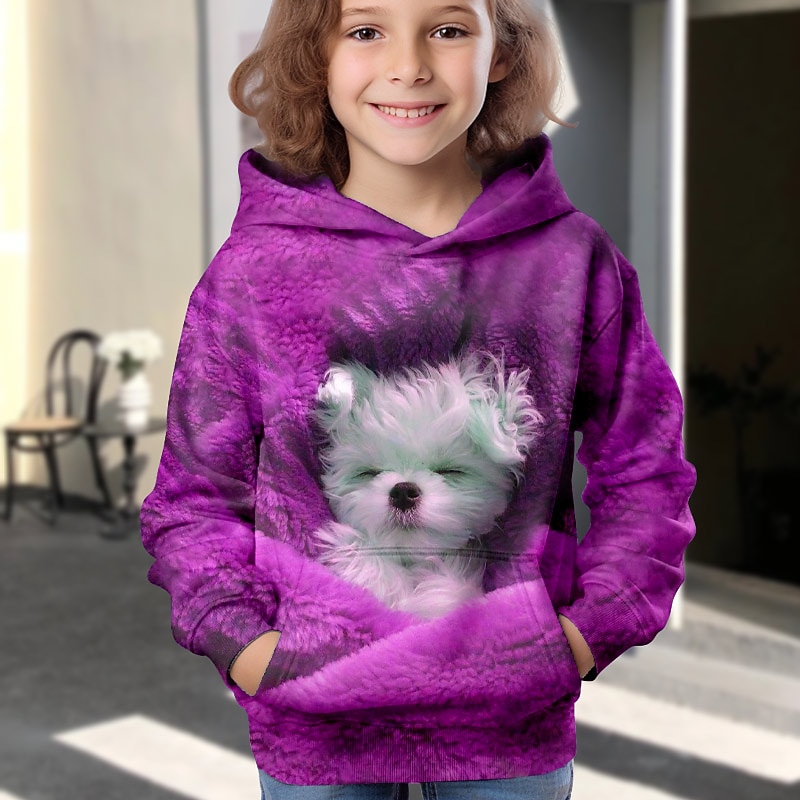 Girls' 3D Dog Hoodie Pullover Long Sleeve 3D Print Fall Winter Active Fashion Cute Polyester Kids 3-12 Years 4-12 Years Outdoor Casual Daily Regular Fit2