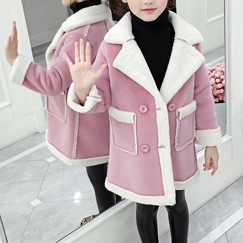 Kids Girls' Winter Coat Sherpa Jacket Kids Winter Jacket Fashion Buttons Performance Cotton Coat Outerwear 4-12 Years Spring Pink Blue4