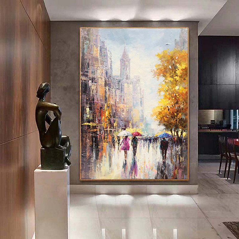 Handmade Hand Painted Modern city Oil Painting Wall art City Landscape Oil Painting Rain Day Painting Street Scenery Painting Original city art painting Decor Rolled Canvas No Frame Unstretched4