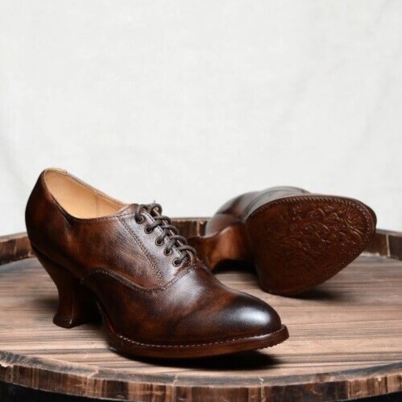 Women's Gatsby Vintage Brown Faux Leather Lace-Up Heeled Oxford Shoes - Retro Victorian Style for Formal and Casual Wear3