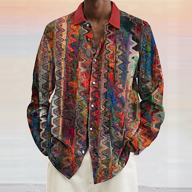 Men's Tribal Ethnic Bandana Print Shirt Button Up Shirt Long Sleeve Vintage Tribal Outdoor Street Casual Daily Fall & Winter Turndown Buttons Print Yellow Purple Orange Brown2