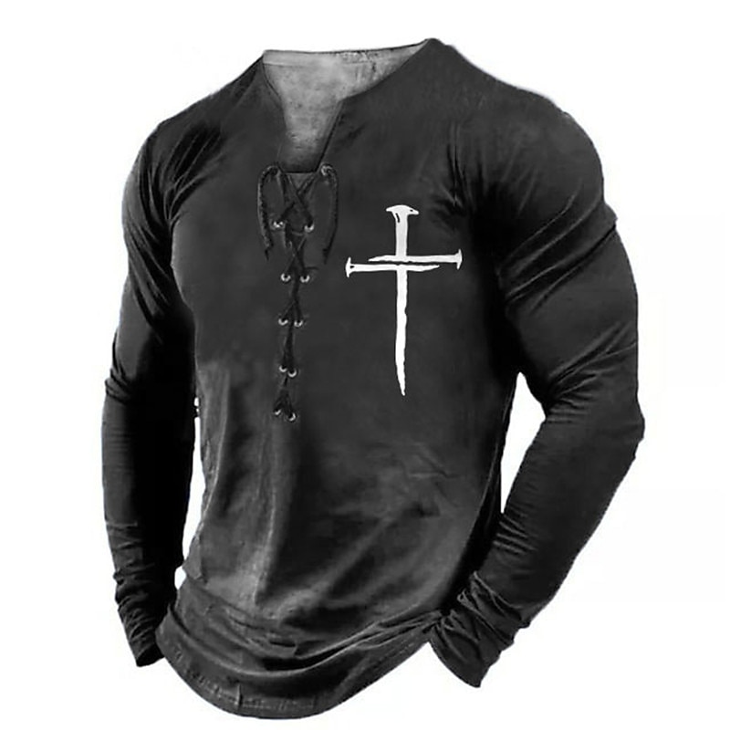 Men's Graphic Faith T Shirt Long Sleeve T shirt 3D Print Collar Shirt Fashion Daily Outdoor Casual Holiday Going out Black Burgundy Green Spring &  Fall Clothing Apparel S M L XL 2XL 3XL2