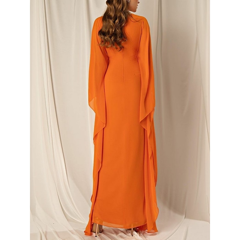 Beach Wedding Sheath Evening Gown Elegant Dress Formal Fall Ankle Length Long Sleeve V Neck Chiffon with Ruched Ruffles2