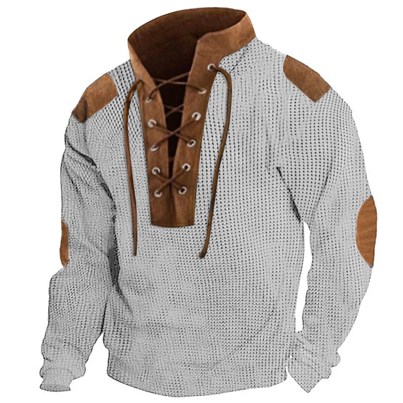 Men's T Shirt Henley Shirt Waffle Knit Tee Tee Top Long Sleeve Shirt Long Sleeve Color Block Fashion Designer Basic Patchwork Stand Collar Vacation Street Going out Spring &  Fall Black Khaki Dark3