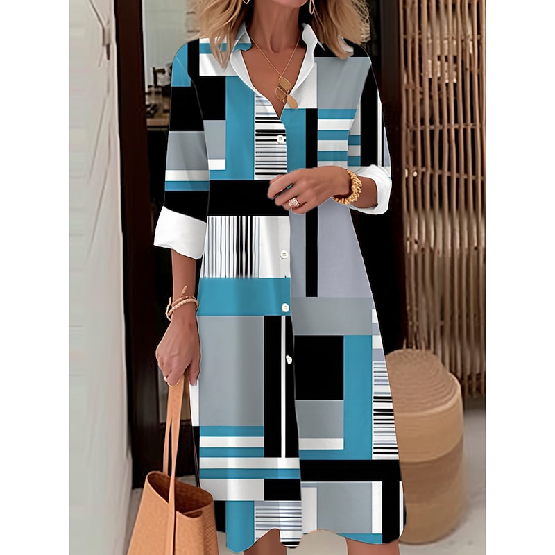 Women's Shirt Dress Casual Dress Outdoor Office Daily Fashion Modern Shirt Collar Button Pocket Long Sleeve Fall Winter Loose Fit Geometric Plaid Color Block4