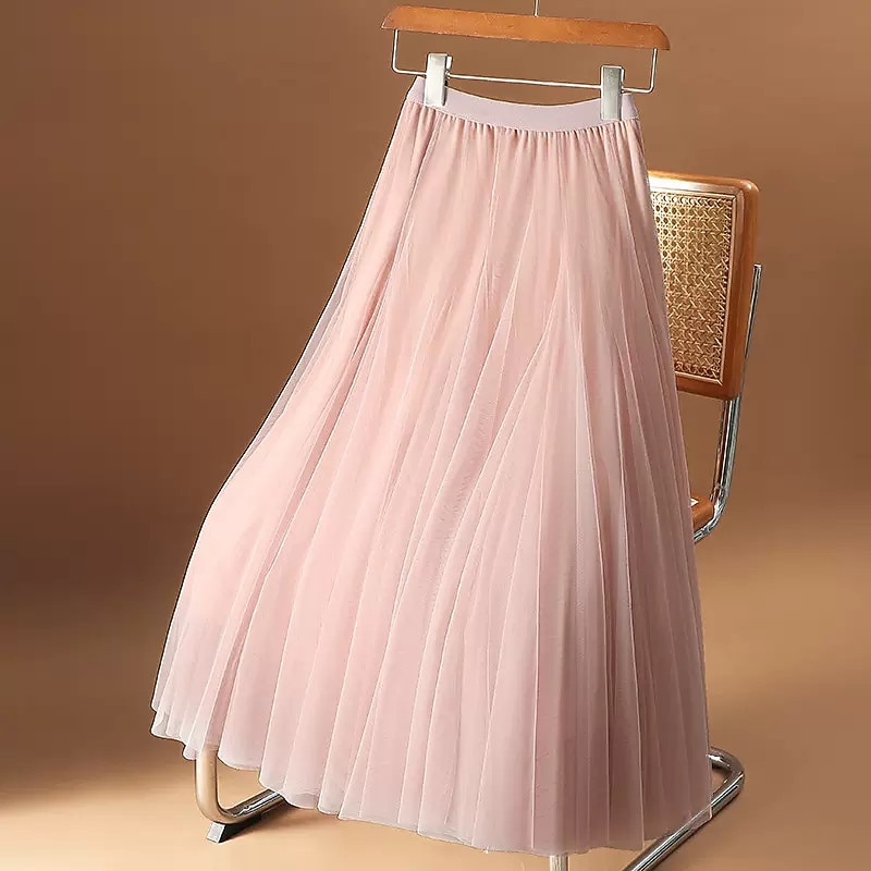 Women's Skirt Swing Midi Skirts Ruched Layered Solid Colored Daily Date Spring, Fall, Winter, Summer Elegant Long Apricot Black White Pink3