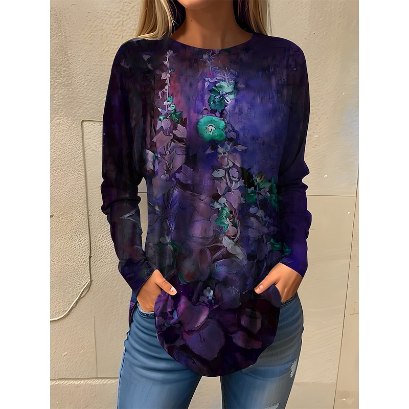 Women's T Shirt Floral Fashion Long Sleeve Round Neck Regular Tops Holiday Weekend Print Blue Purple Green Spring &  Fall4