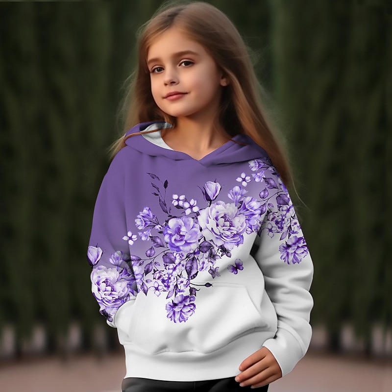 Girls' 3D Floral Hoodie Pullover Pink Long Sleeve 3D Print Fall Winter Active Fashion Cute Kids 3-12 Years Outdoor Casual Daily Regular Fit2