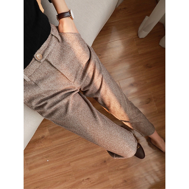 Women's Dress Pants Skinny Fleece Pants Fashion Streetwear Work Ankle-Length High Waist Striped Pocket Breathability Comfortable Micro-elastic Office Work Street Black ash-colored Apricot Beige Fall