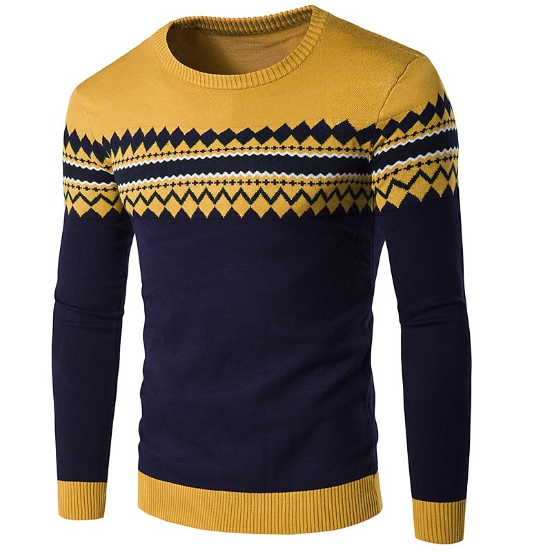 Men's Stripe Geometry Pullover Sweater Jumper Knitwear Crew Neck Fashion Streetwear Designer Vacation Daily Wear Going out Knitted Long Sleeve Fall & Winter Yellow Red Navy Blue3