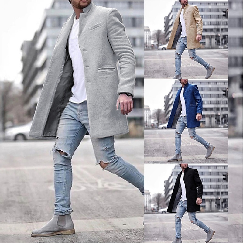 Men's Winter Coat Overcoat Trench Coat Short Coat Overcoat Work Business Winter Polyester Warm Outerwear Clothing Apparel Solid Colored Classic Style Notch lapel collar