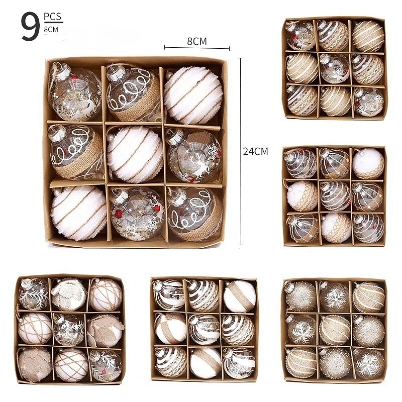 9pcs Christmas Baubles Ball Ornaments 8cm Xmas Decoration, Creative Christmas Tree Decorations, Hanging Ornaments for Party, Wedding and Holiday