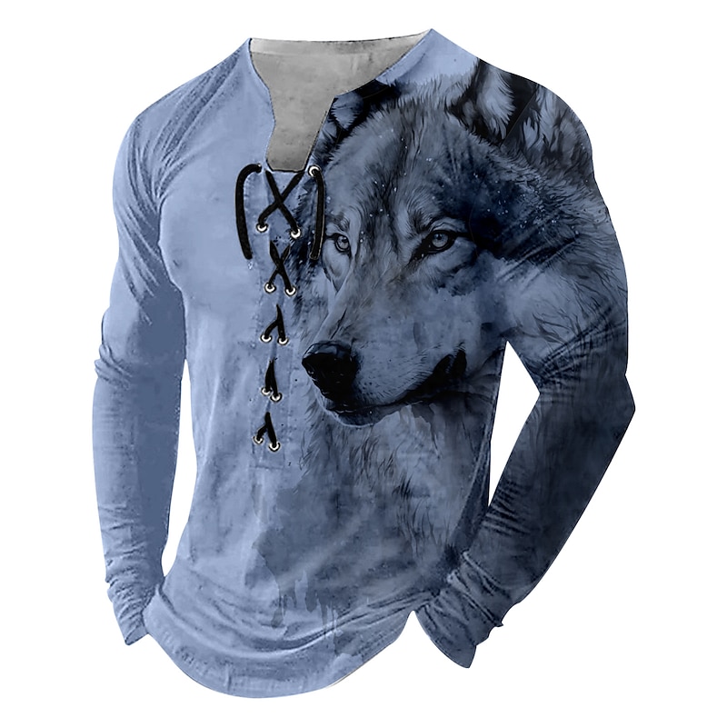 Men's Wolf Long Sleeve T shirt 3D Print Crew Neck Shirt Fashion Retro Vintage Outdoor Casual Holiday Blue Sky Blue Brown Fall Clothing Apparel Normal S M L XL XXL XXXL3