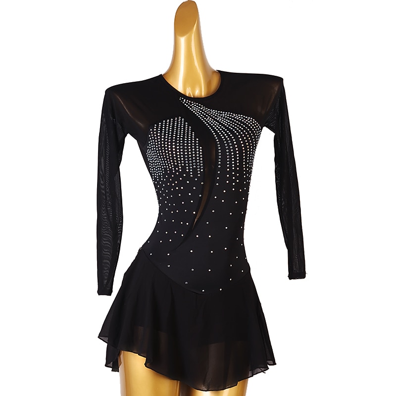Figure Skating Dress Women's Girls' Ice Skating Dress Black Royal Blue Patchwork Open Back Mesh High Elasticity Training Competition Skating Wear Classic Long Sleeve Ice Skating Figure Skating3