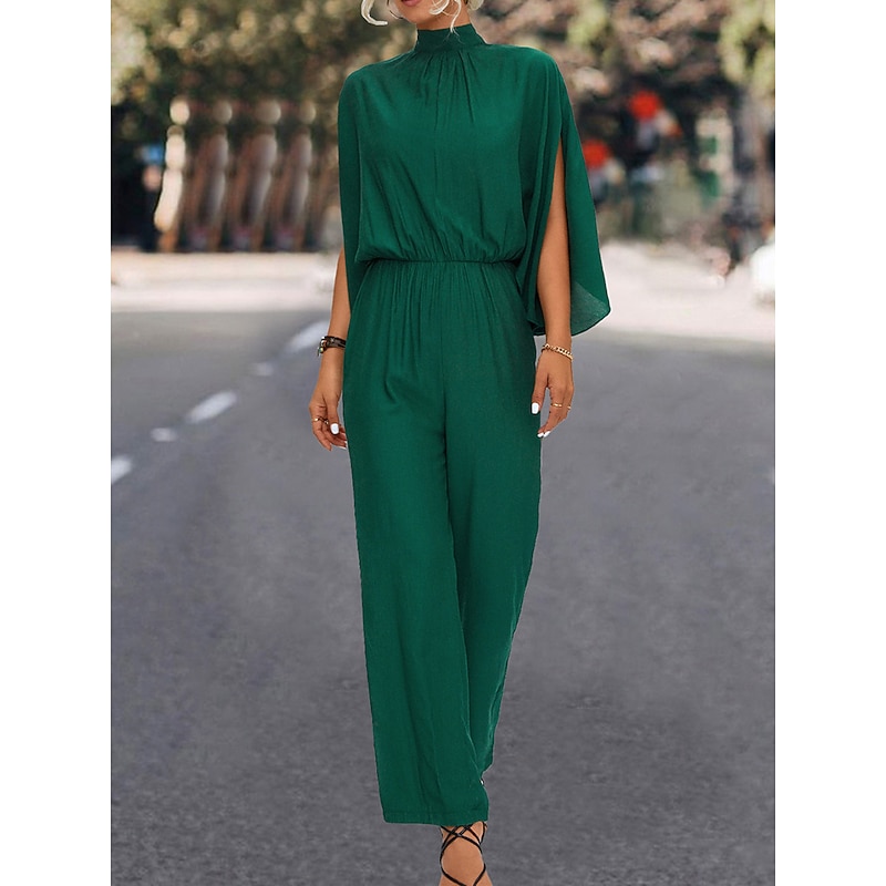 Women's Normal Jumpsuit Elegant Solid Color 3/4 Length Sleeve Stand Collar High Waist Wedding Vacation Regular Fit Black Green Fall2