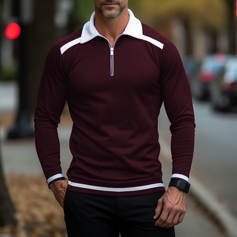 Men's Zip Polo Polo Shirt Casual Holiday Lapel Quarter Zip Long Sleeve Fashion Basic Color Block Quarter Zip Summer Regular Fit Black Burgundy Navy Blue Orange Army Green Zip Polo4