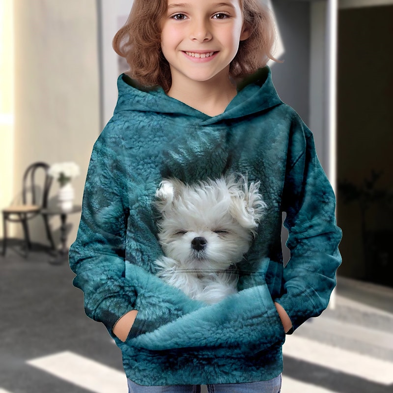 Girls' 3D Dog Hoodie Pullover Long Sleeve 3D Print Fall Winter Active Fashion Cute Polyester Kids 3-12 Years 4-12 Years Outdoor Casual Daily Regular Fit