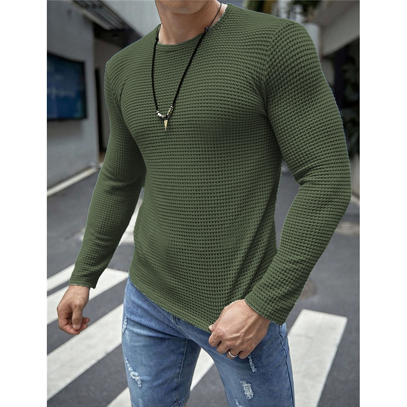 Men's Waffle Tee Waffle Shirt T Shirt Tee Top Long Sleeve Crew Neck Spring &  Fall Plain Fashion Designer Basic Vacation Street Going out Green Top Tee for Men3