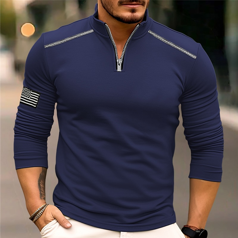 Men's T Shirt Zip Half Shirt Tee Top Long Sleeve Shirt Long Sleeve Quarter Zip Spring &  Fall National Flag Fashion Designer Basic Pocket Vacation Street Going out Dark Gray Blue Red Top Tee for Men2