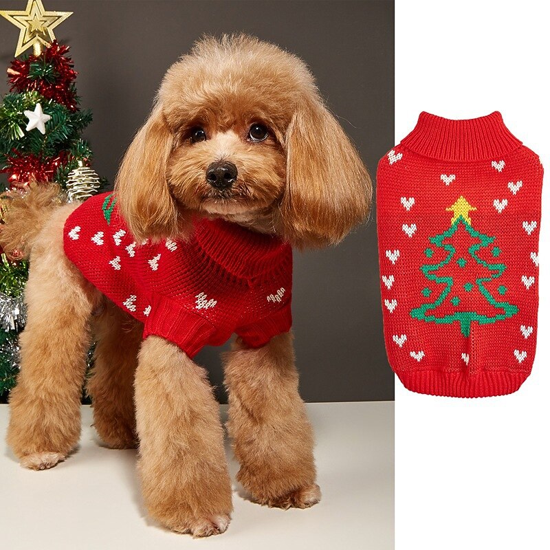 Christmas Dog Clothes High Collar Red Joyful Christmas Tree Snowman Star Autumn Winter Pet Sweater3