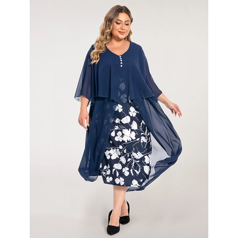 Women's Plus Size Curve Work Dress Floral V Neck Ruched 3/4 Length Sleeve Spring Summer Work Elegant Midi Dress  Layered Formal Vacation Dress