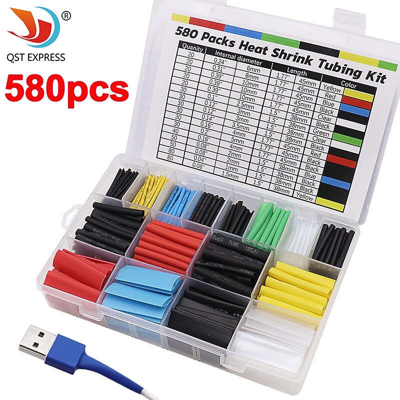 580pcs Heat Shrink Tube 2:1 Shrinkable Wire Shrinking Wrap Tubing Wire Connect Cover Protection with 300W Hot Air Gun3